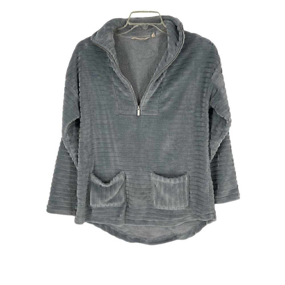 Soft Surroundings Ribbed Soft Fleece 3/4 Zip Pullover Sweater Gray Medium